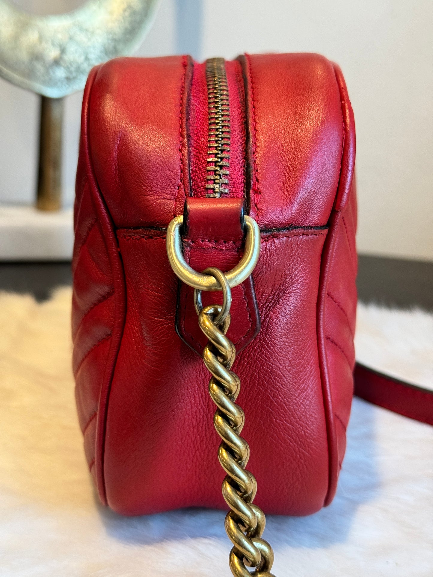 GUCCI Red Leather GG Marmont Small Camera Bag