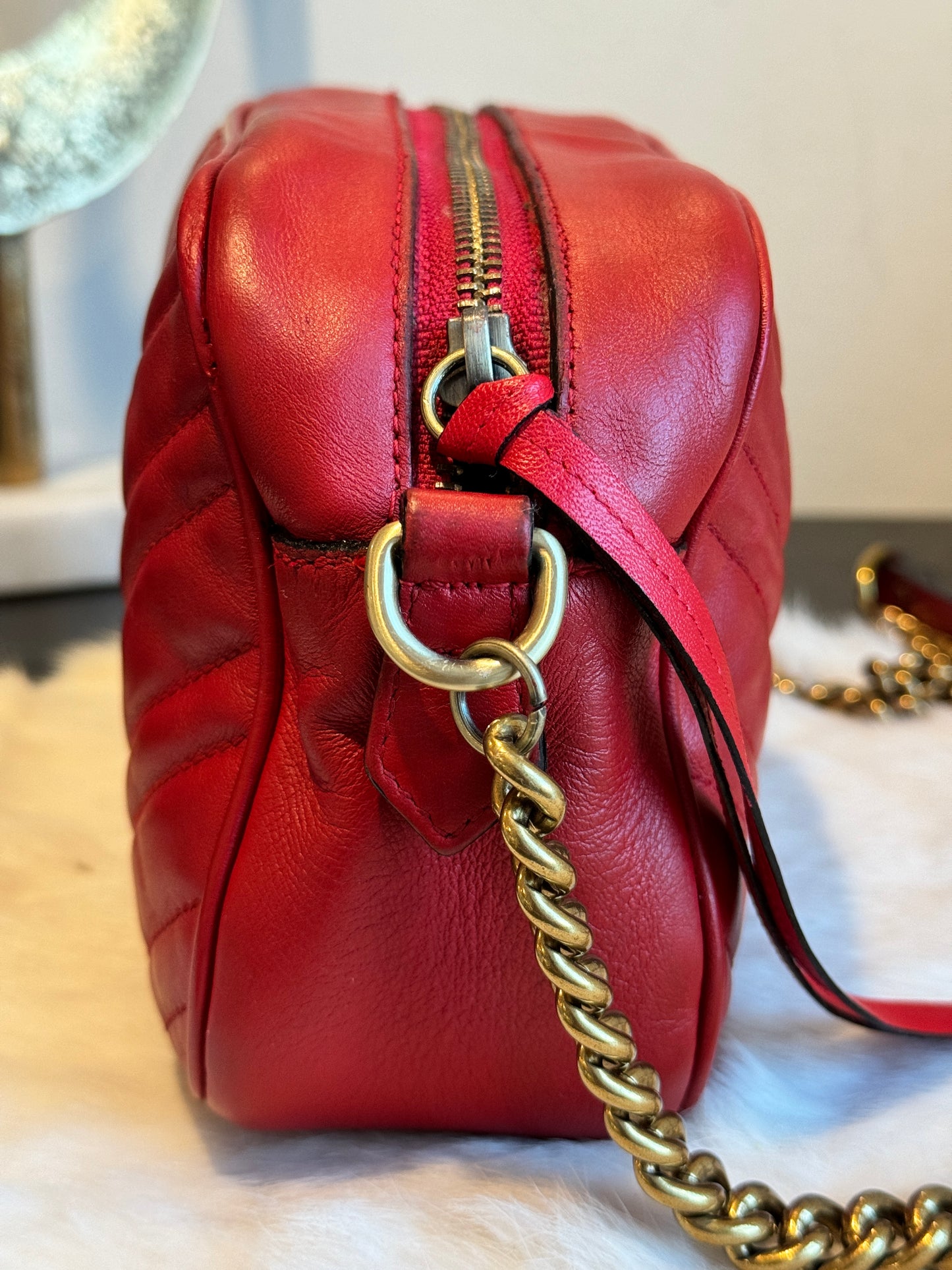 GUCCI Red Leather GG Marmont Small Camera Bag