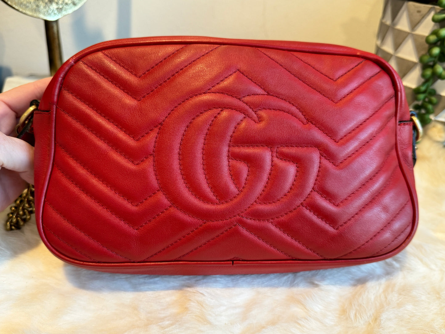 GUCCI Red Leather GG Marmont Small Camera Bag