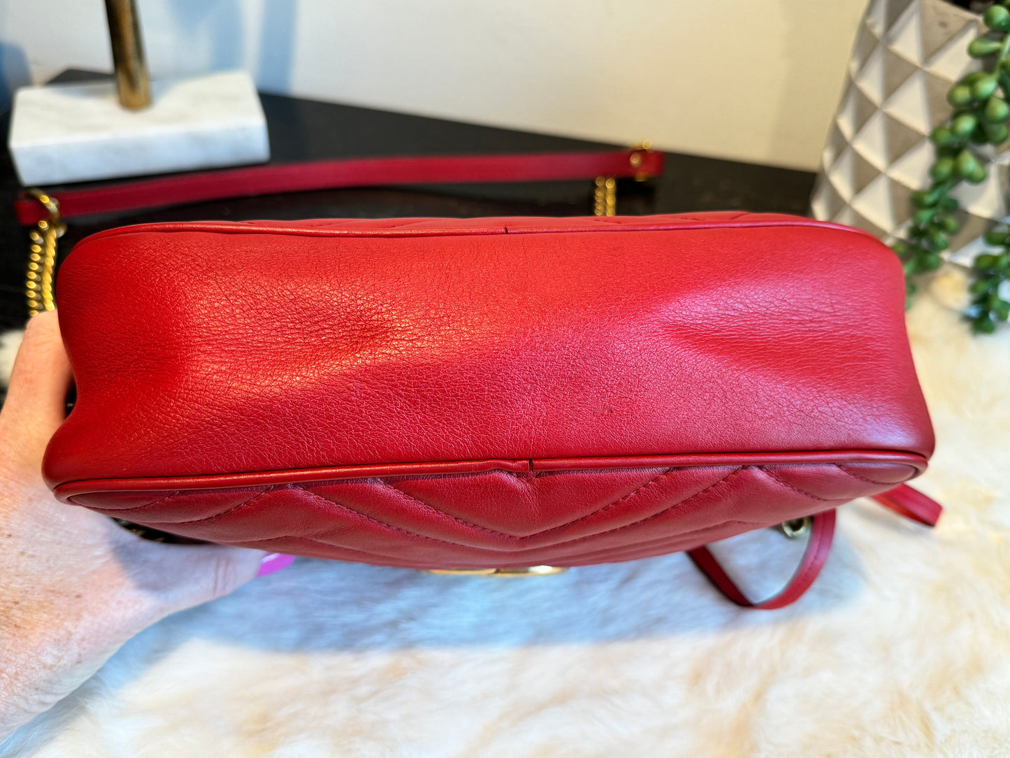 GUCCI Red Leather GG Marmont Small Camera Bag