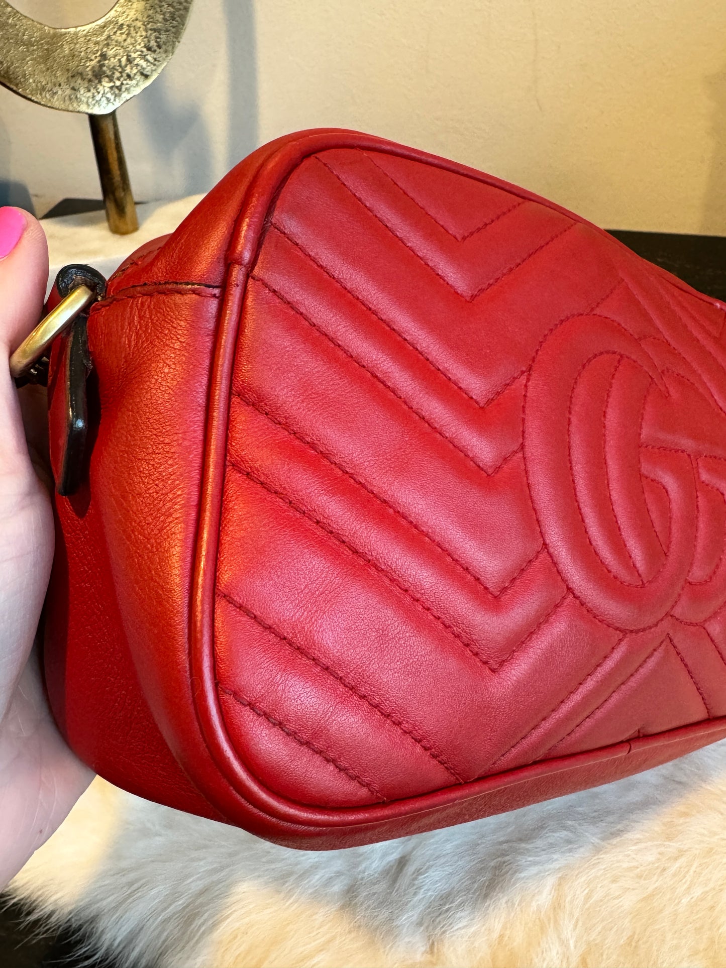 GUCCI Red Leather GG Marmont Small Camera Bag