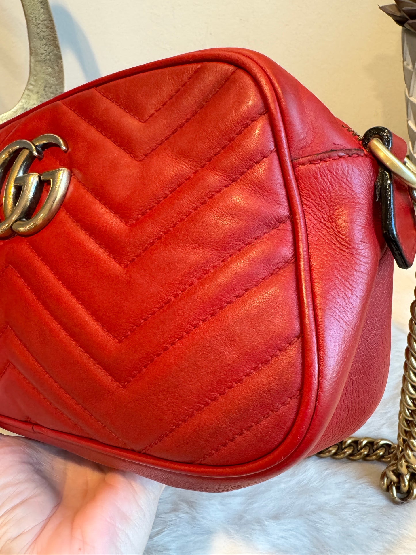 GUCCI Red Leather GG Marmont Small Camera Bag