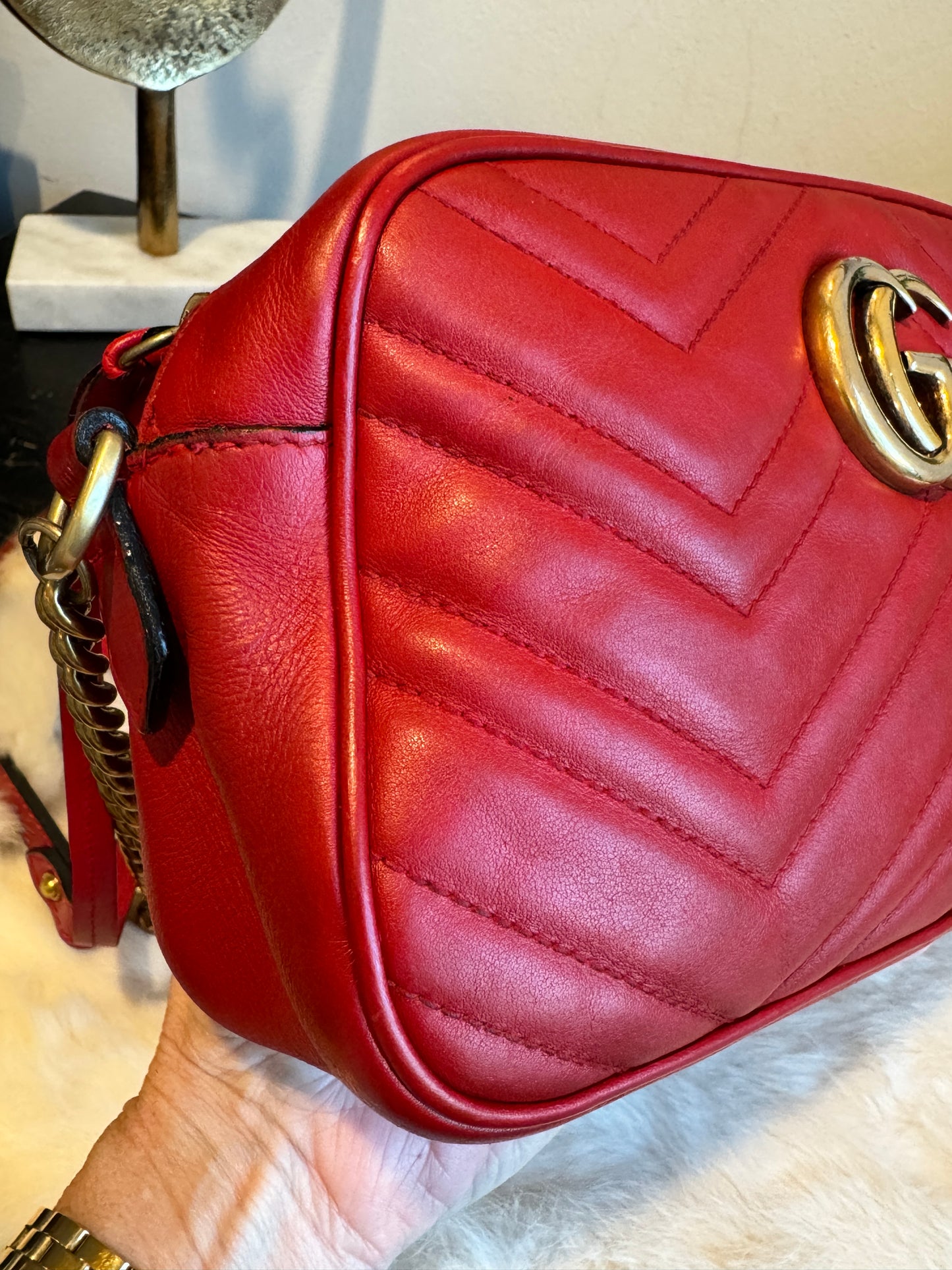 GUCCI Red Leather GG Marmont Small Camera Bag