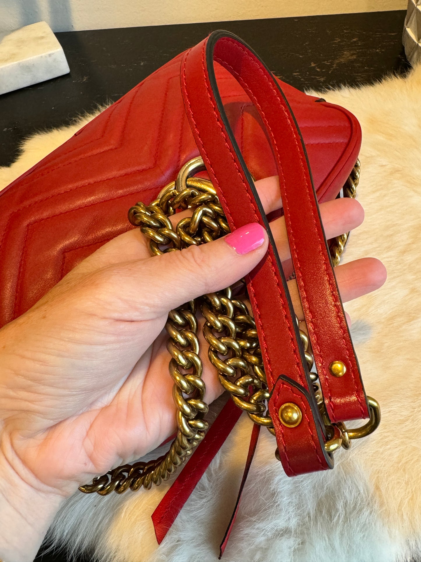 GUCCI Red Leather GG Marmont Small Camera Bag