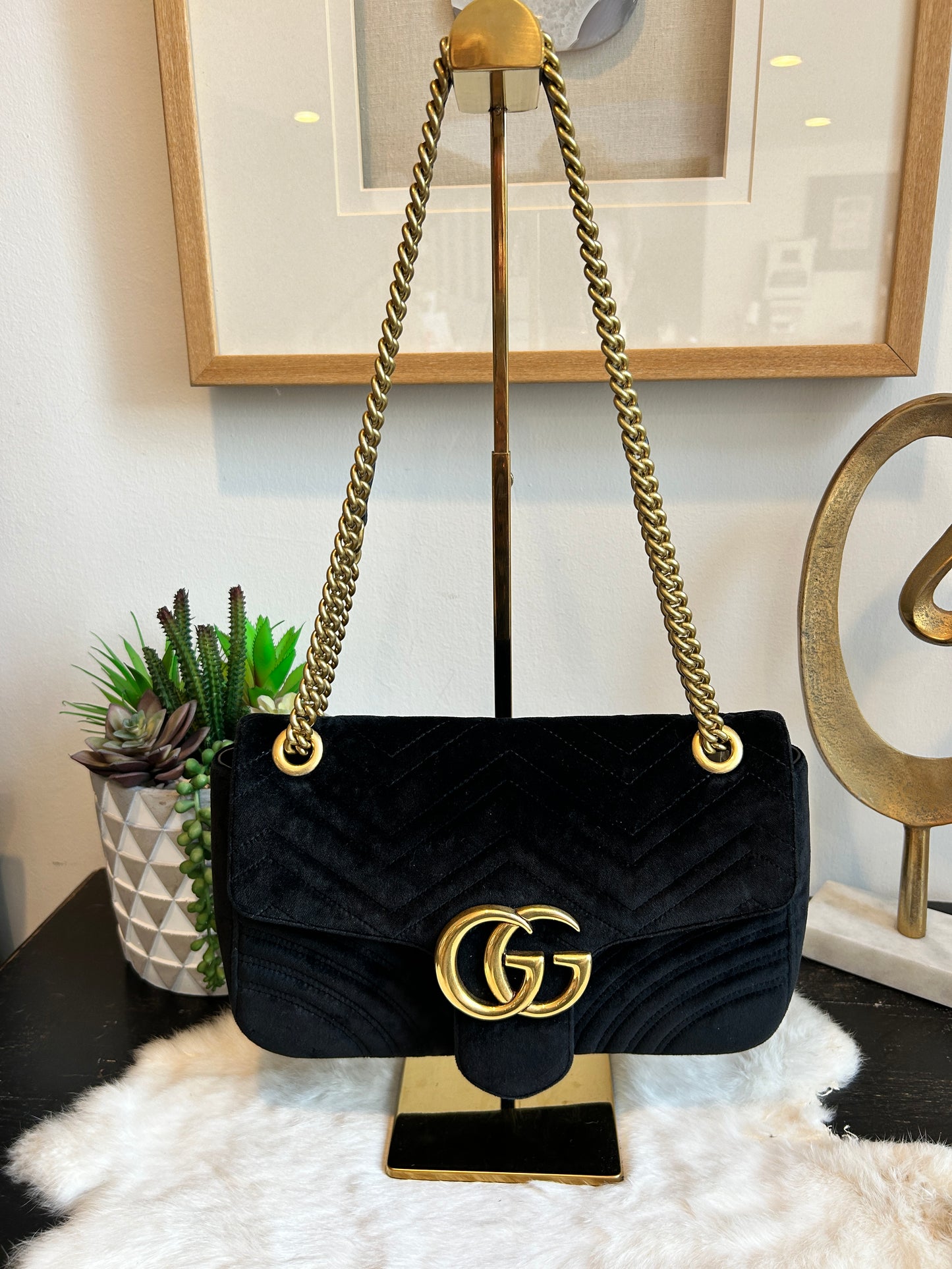 GUCCI Velvet Matelasse Medium GG Marmont Bag Black