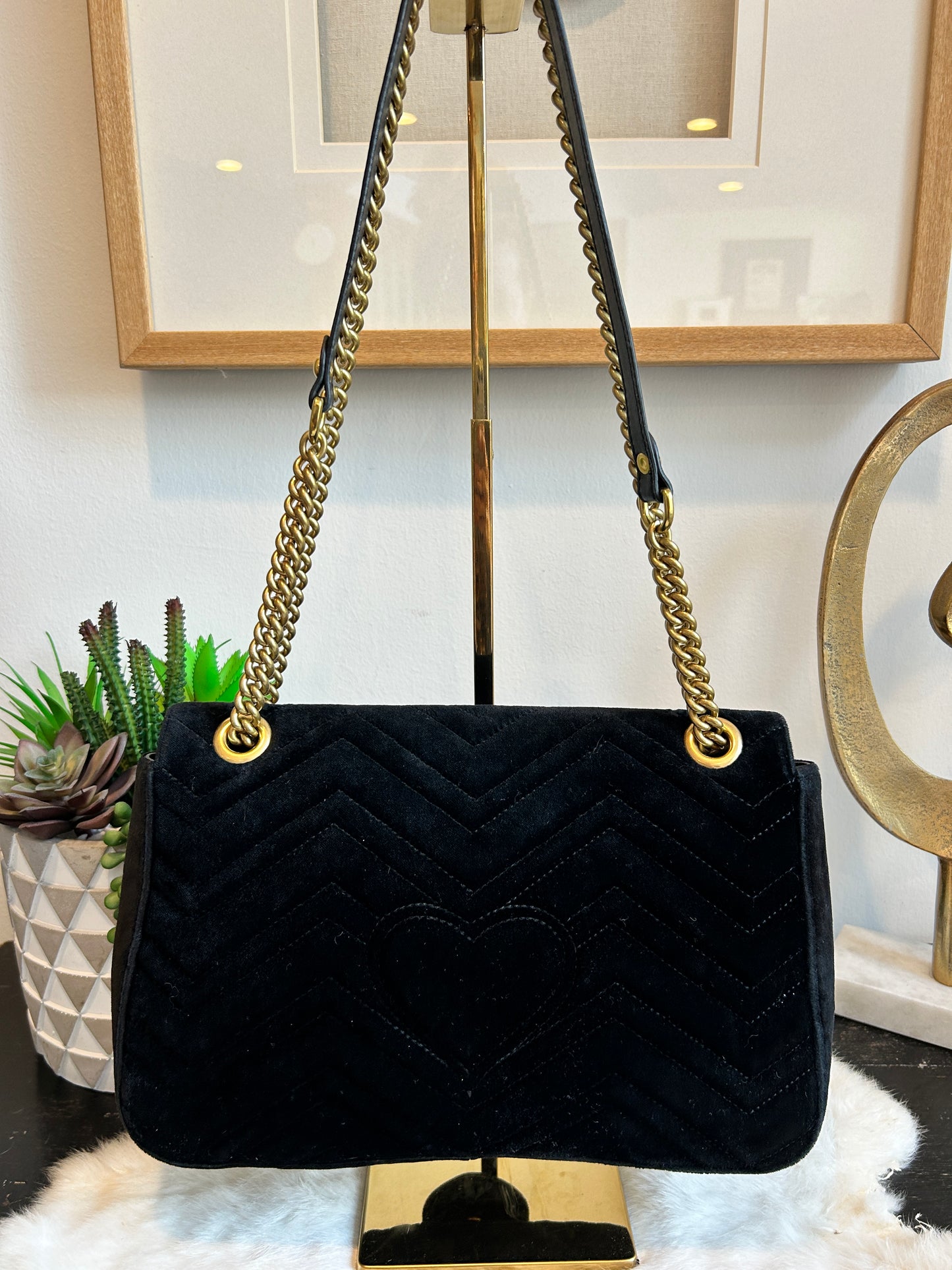 GUCCI Velvet Matelasse Medium GG Marmont Bag Black