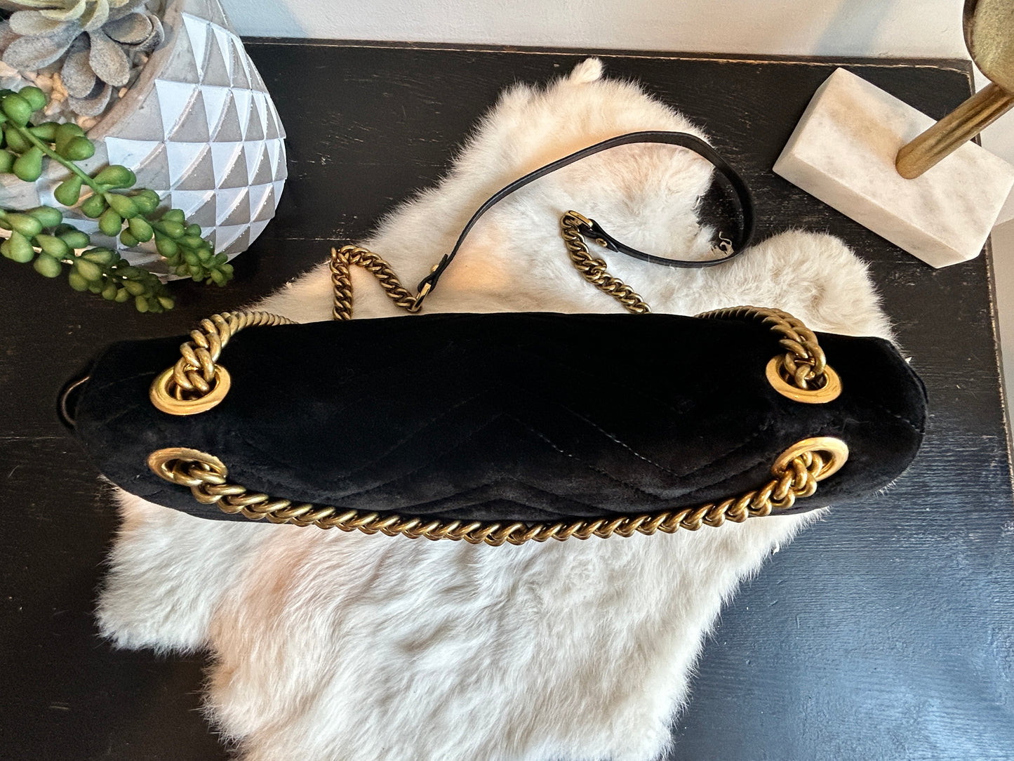 GUCCI Velvet Matelasse Medium GG Marmont Bag Black