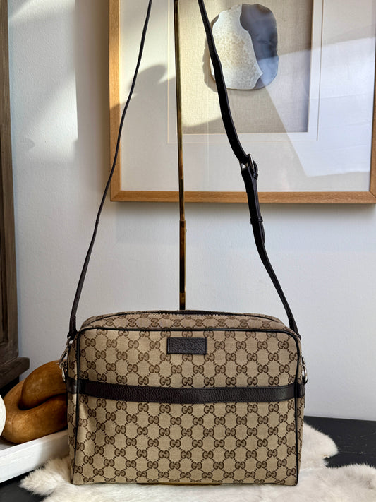GUCCI GG Monogram Canvas Messenger Bag Dark Brown