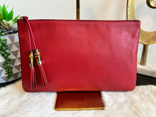 GUCCI Jumbo Leather Bamboo Clutch RED