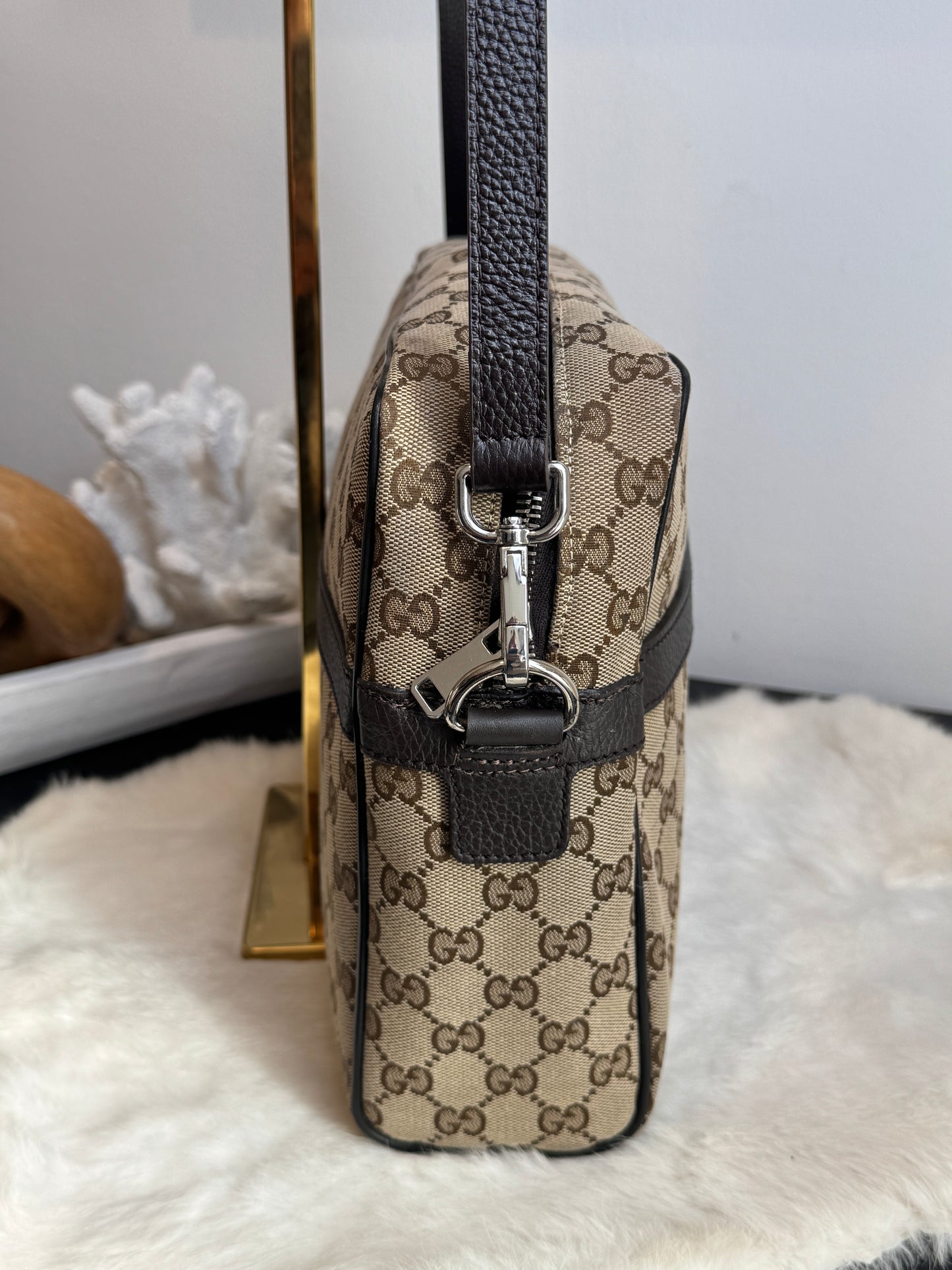 GUCCI GG Monogram Canvas Messenger Bag Dark Brown