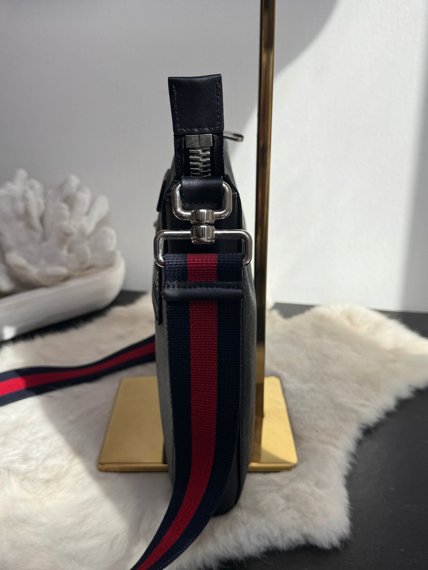 GUCCI Supreme Monogram Web Small Flat Messenger Bag Black