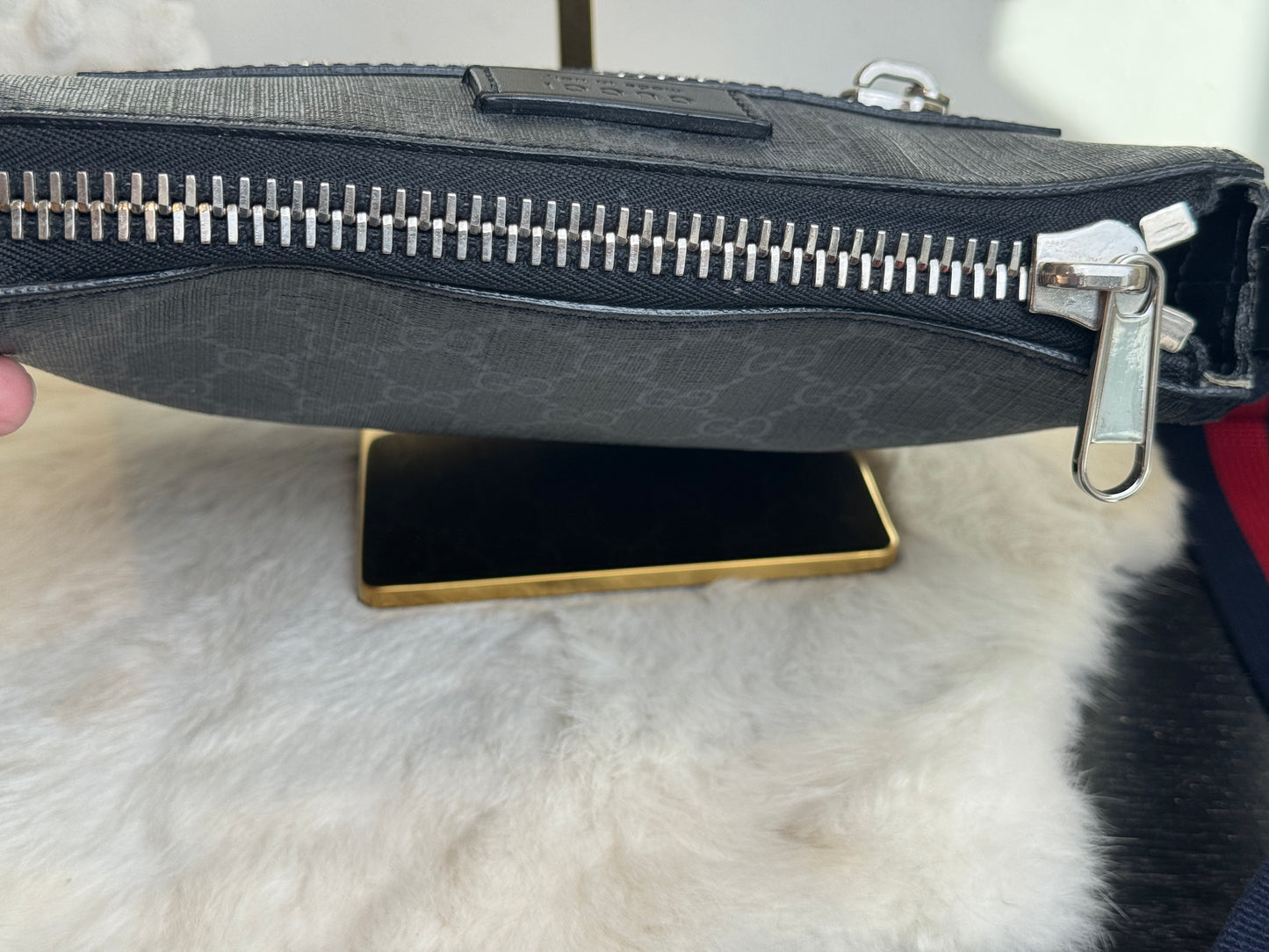 GUCCI Supreme Monogram Web Small Flat Messenger Bag Black