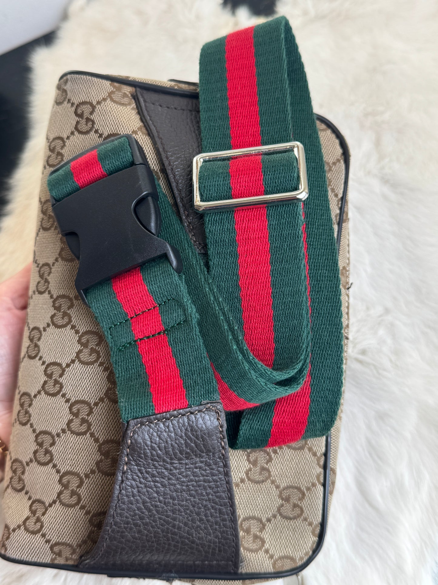 GUCCI Monogram Dollar Calfskin Stripe Web Belt Bag