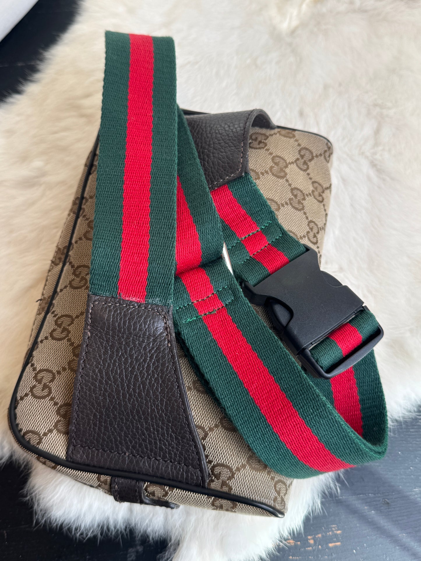 GUCCI Monogram Dollar Calfskin Stripe Web Belt Bag