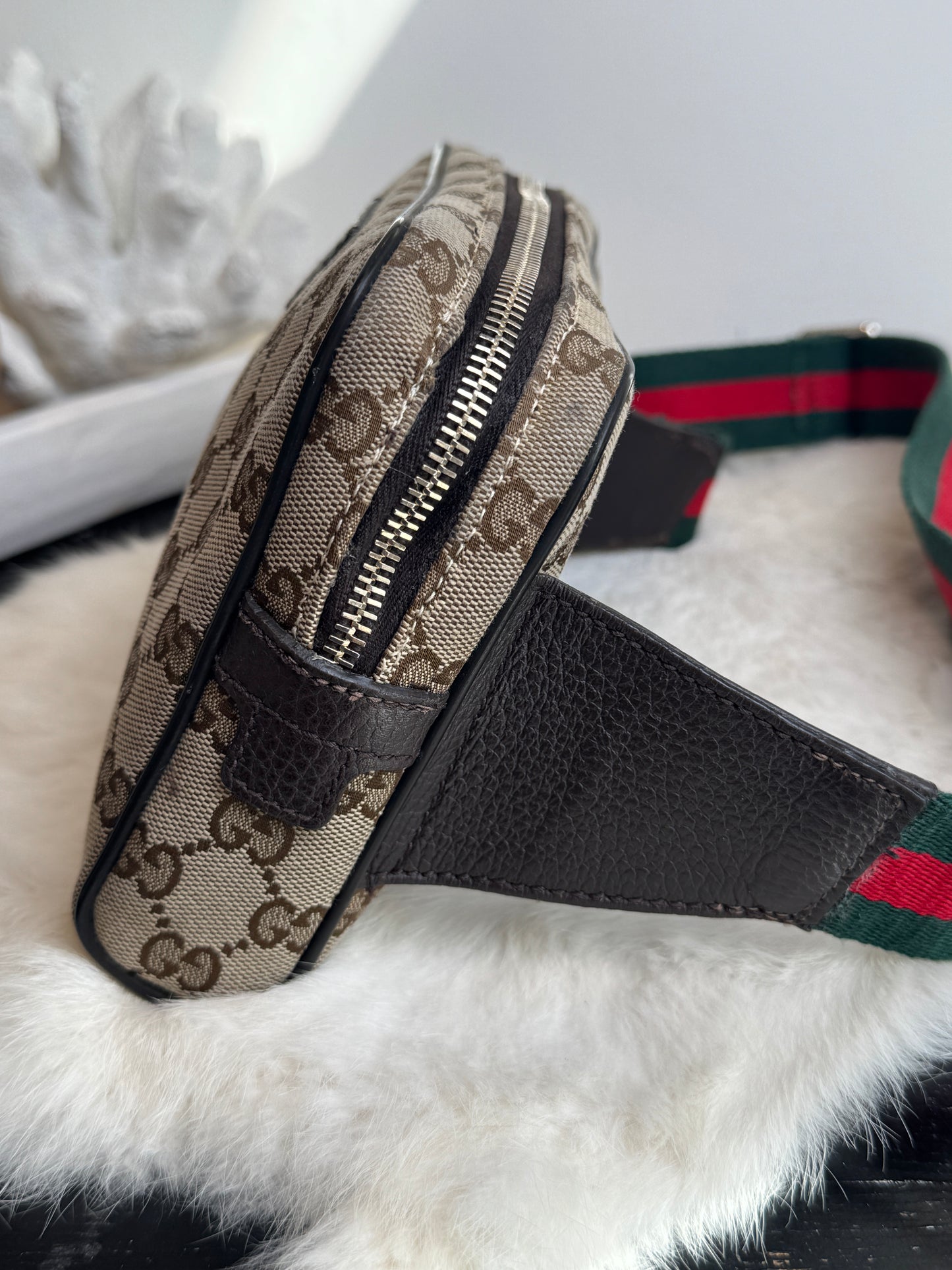 GUCCI Monogram Dollar Calfskin Stripe Web Belt Bag