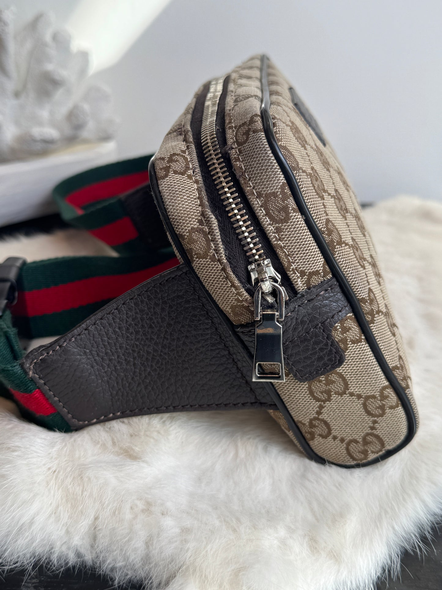GUCCI Monogram Dollar Calfskin Stripe Web Belt Bag