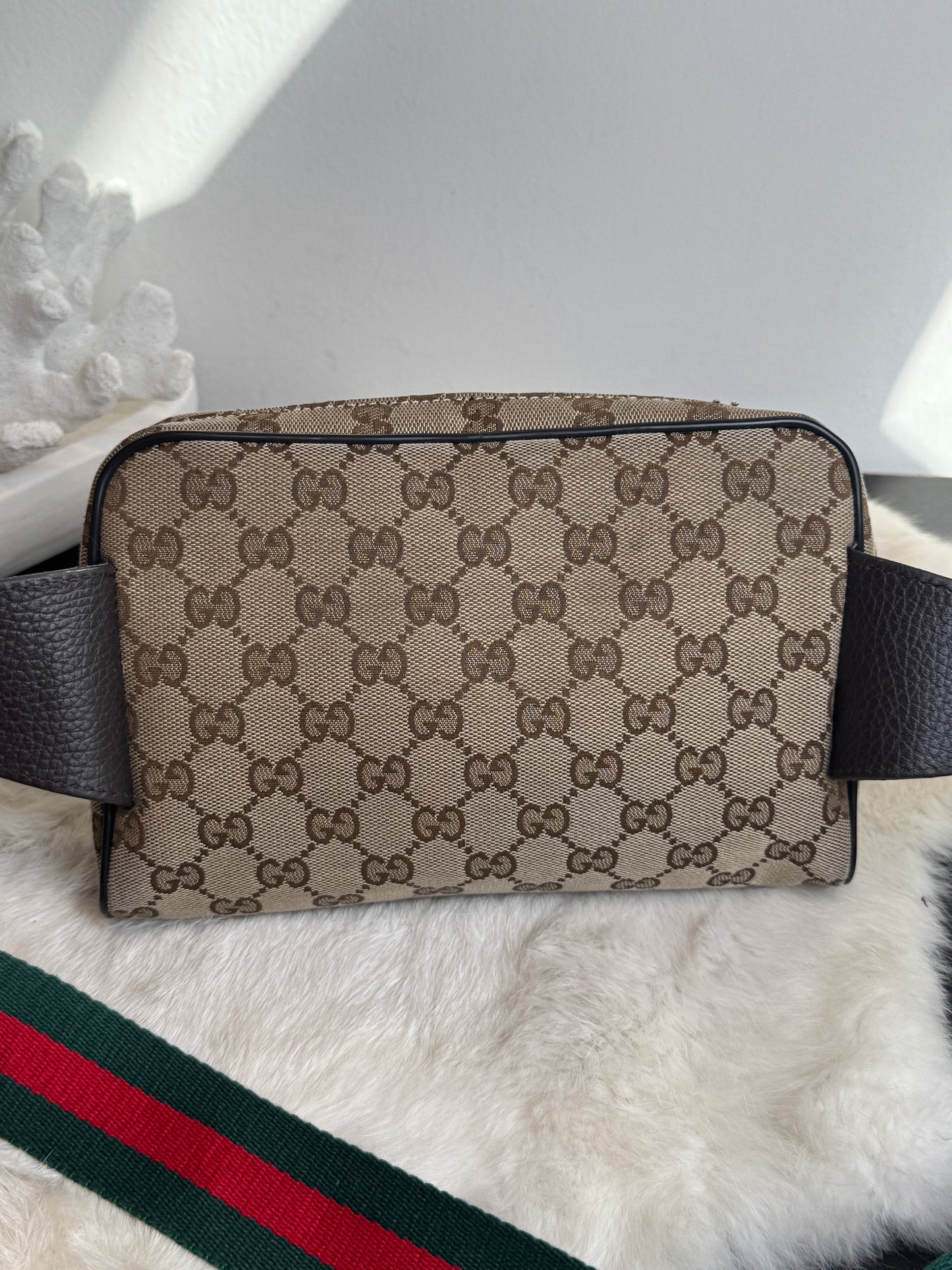 GUCCI Monogram Dollar Calfskin Stripe Web Belt Bag