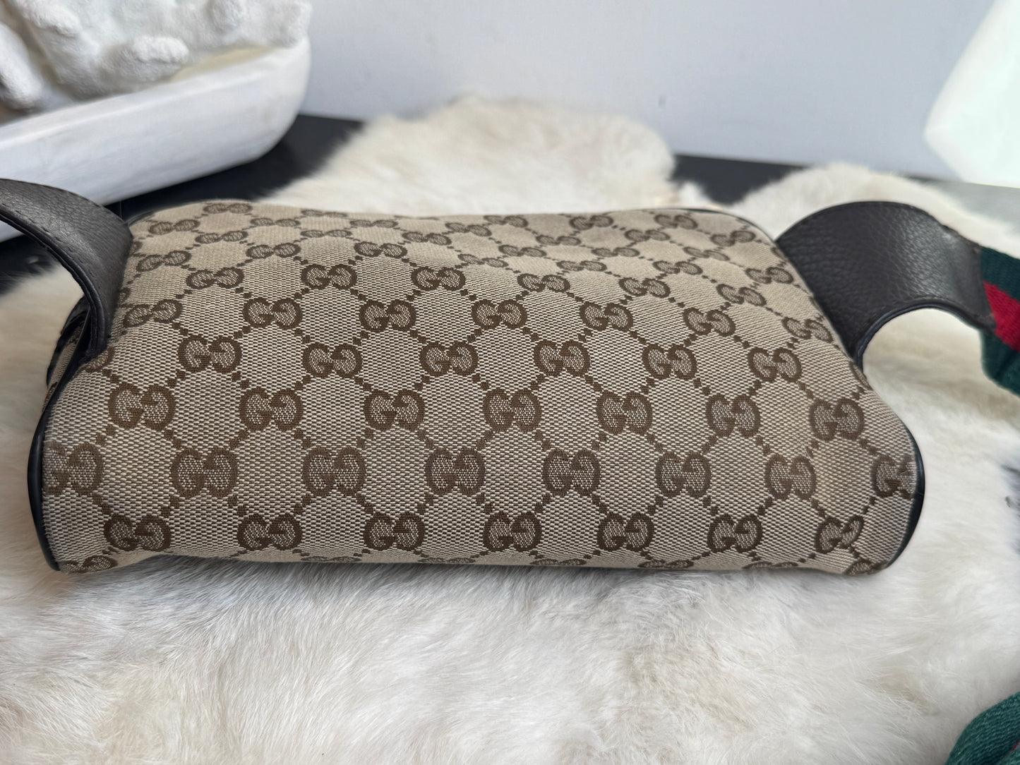GUCCI Monogram Dollar Calfskin Stripe Web Belt Bag