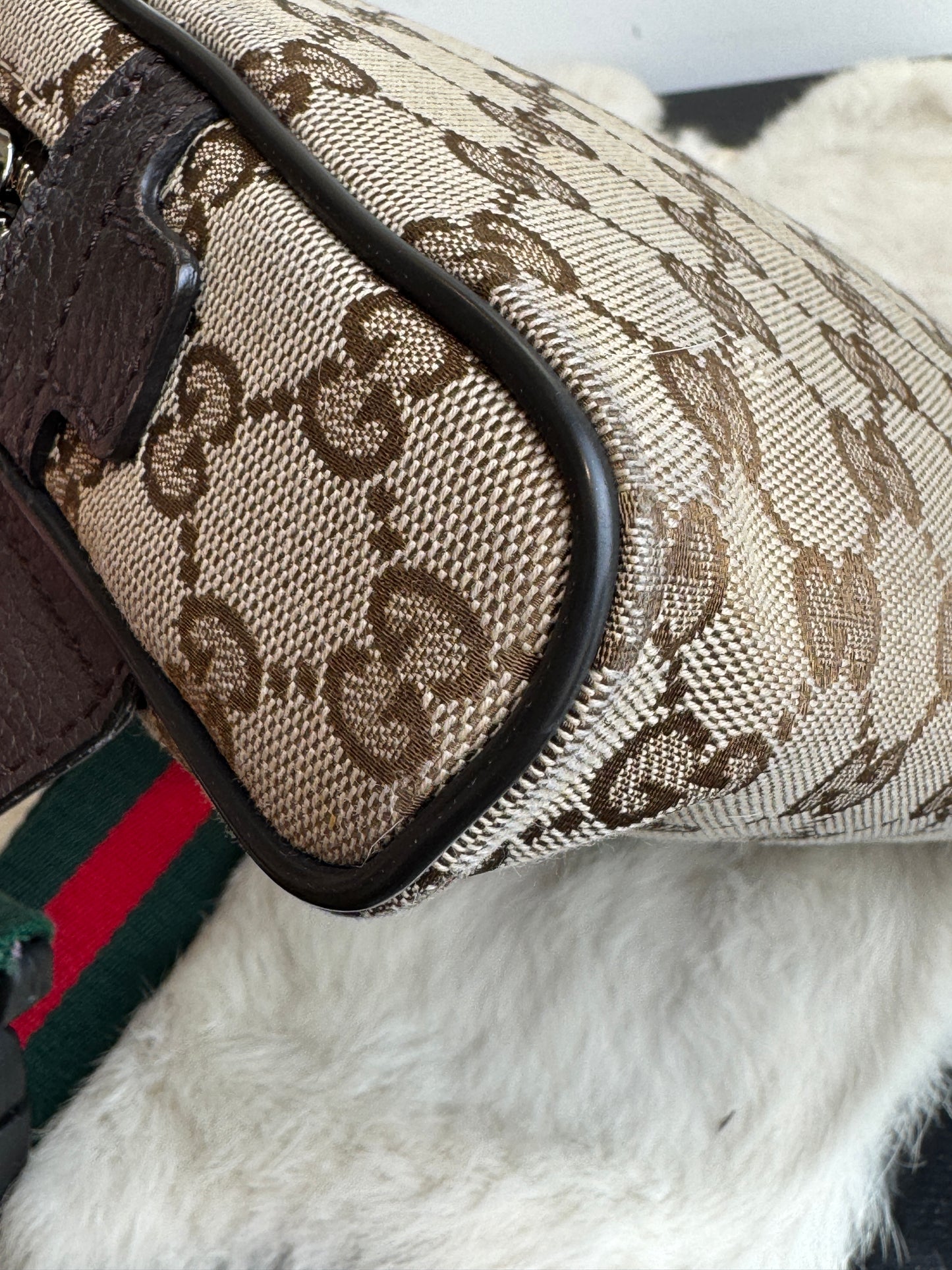 GUCCI Monogram Dollar Calfskin Stripe Web Belt Bag