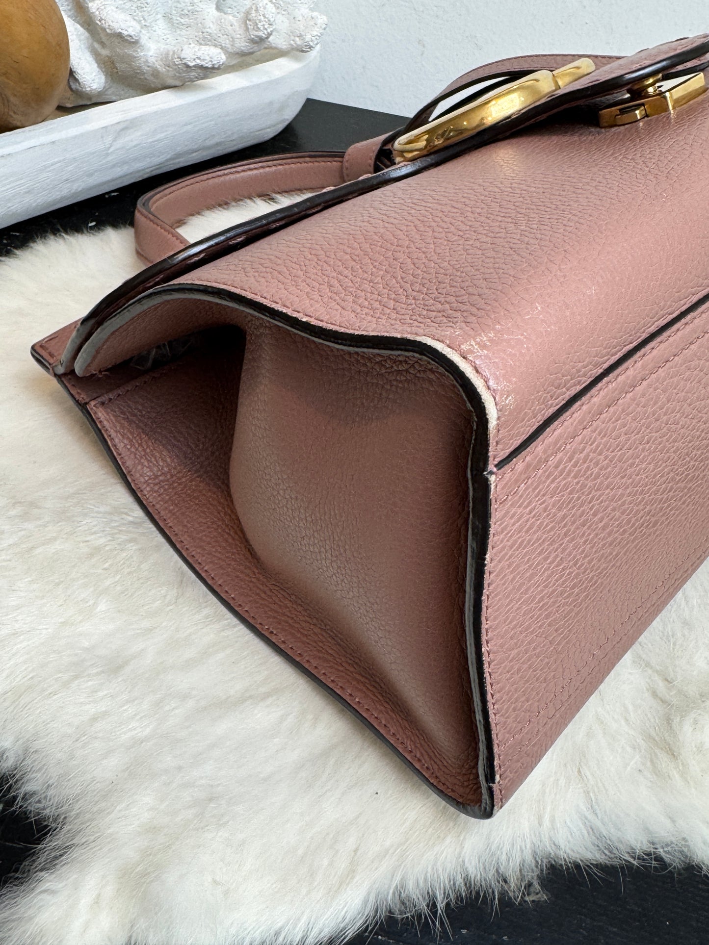 Gucci Pebbled Calfskin Small GG Marmont Top Handle Bag Rose