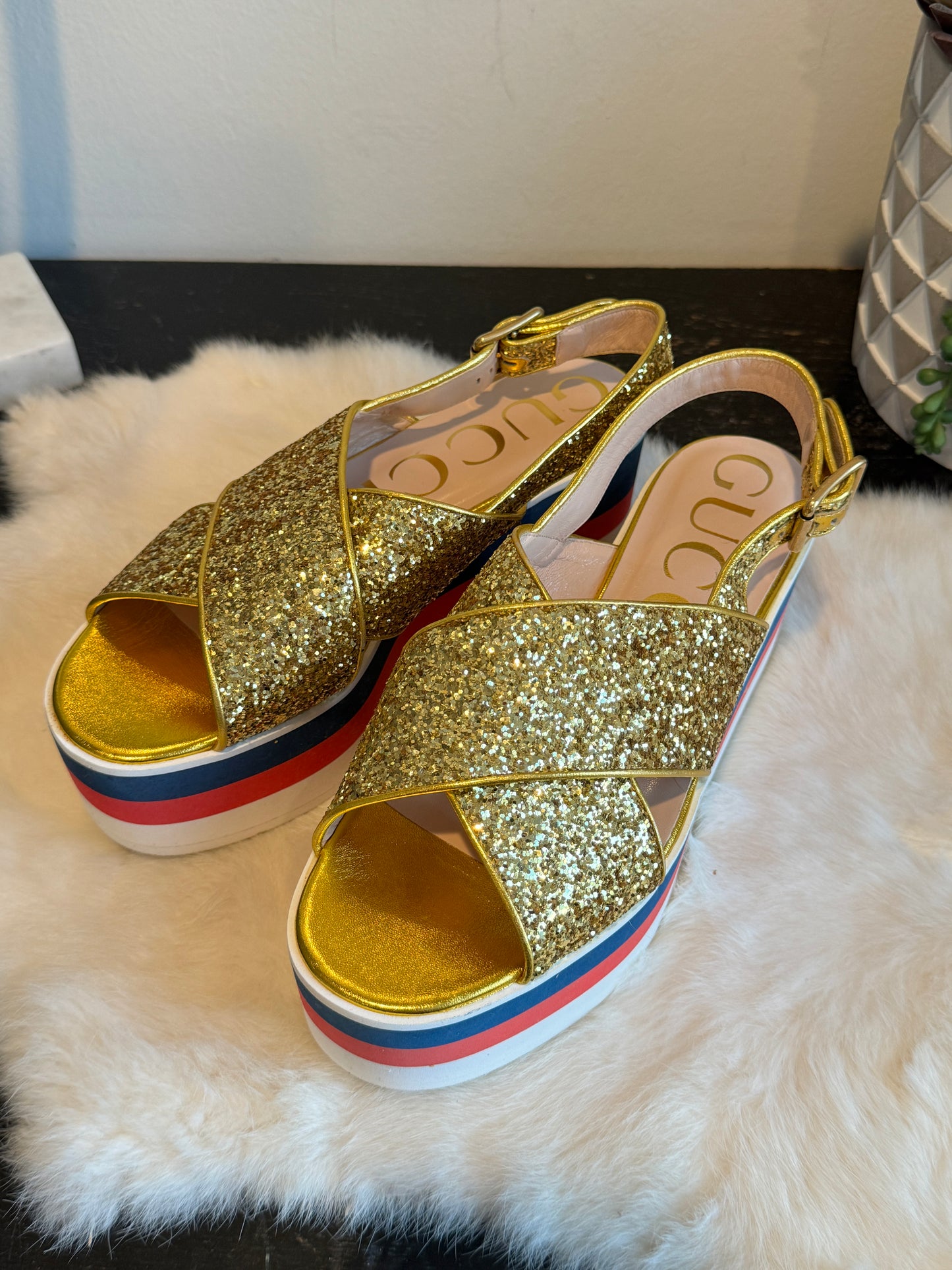 GUCCI Gold Glitter Platforms Sandals Womens 37.5/38.5EU