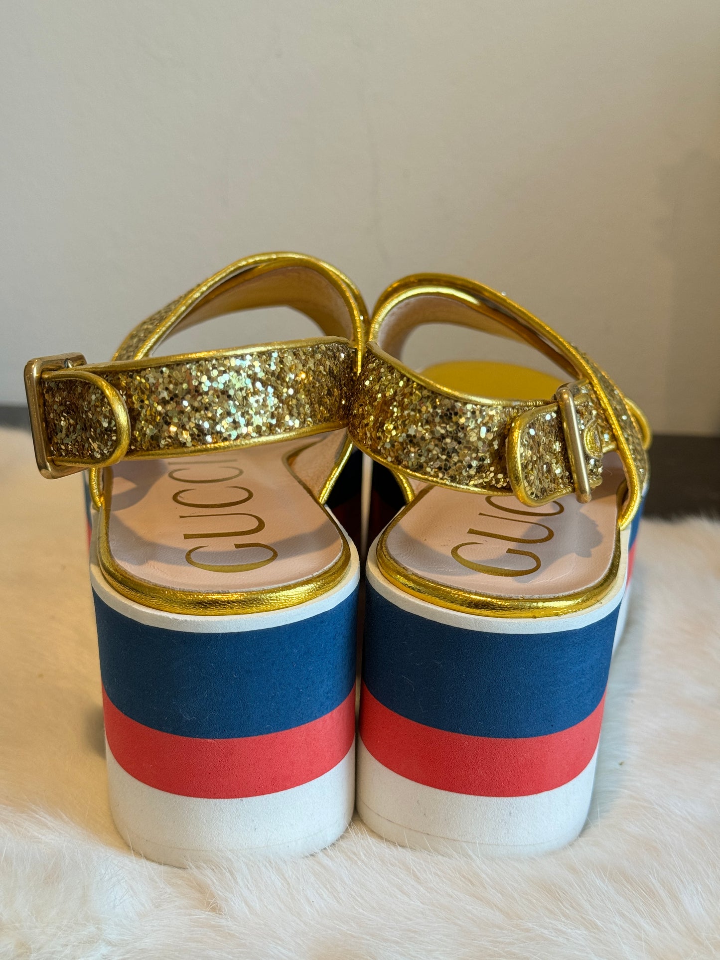 GUCCI Gold Glitter Platforms Sandals Womens 37.5/38.5EU