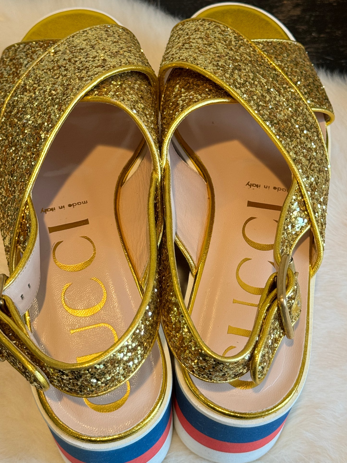 GUCCI Gold Glitter Platforms Sandals Womens 37.5/38.5EU