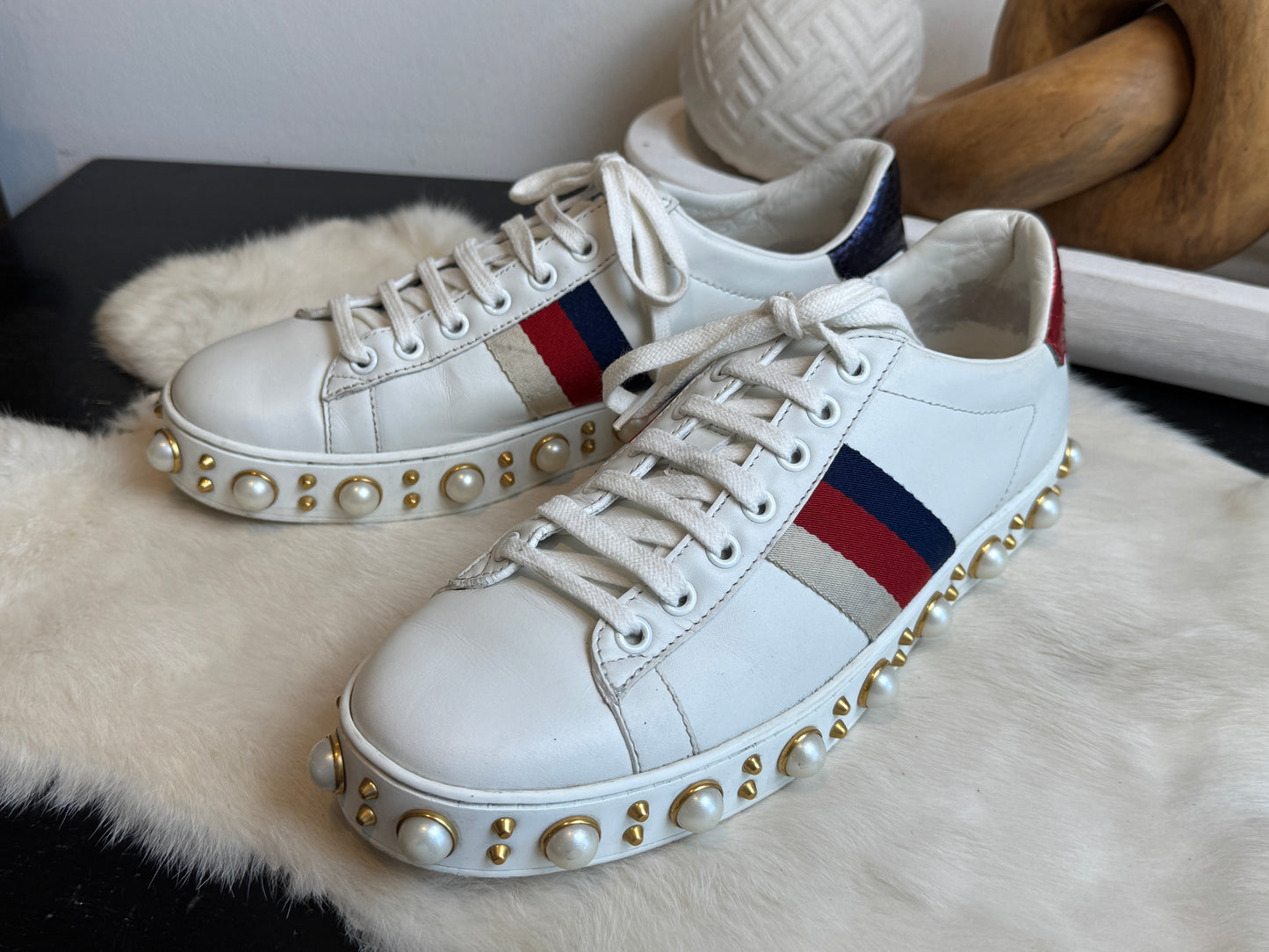 GUCCI Ace Pearl Platform Sneakers Women's 38EU