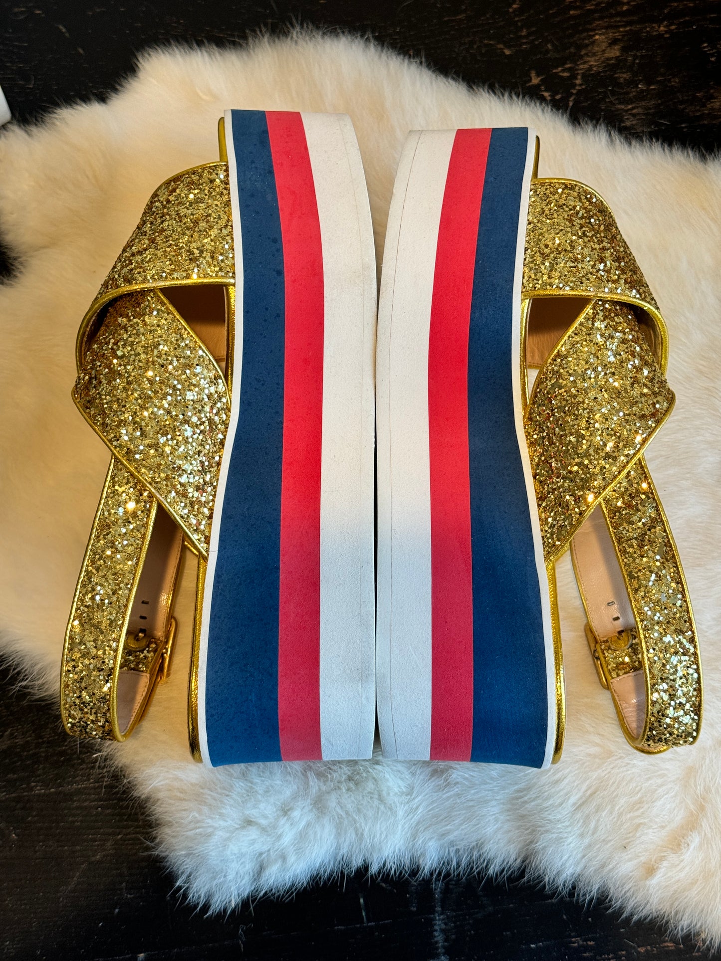 GUCCI Gold Glitter Platforms Sandals Womens 37.5/38.5EU