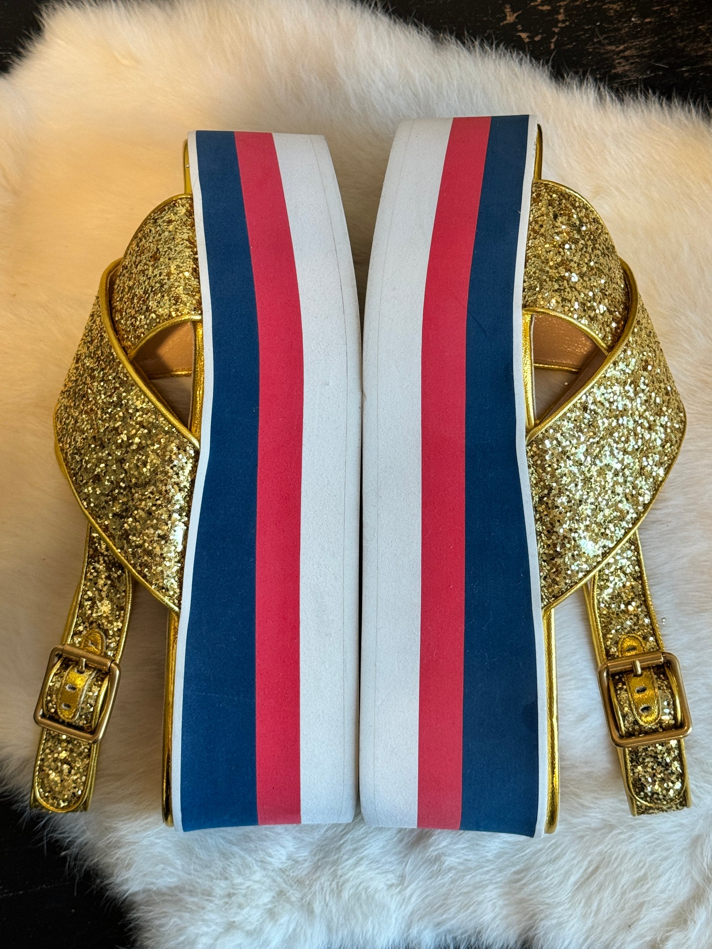 GUCCI Gold Glitter Platforms Sandals Womens 37.5/38.5EU