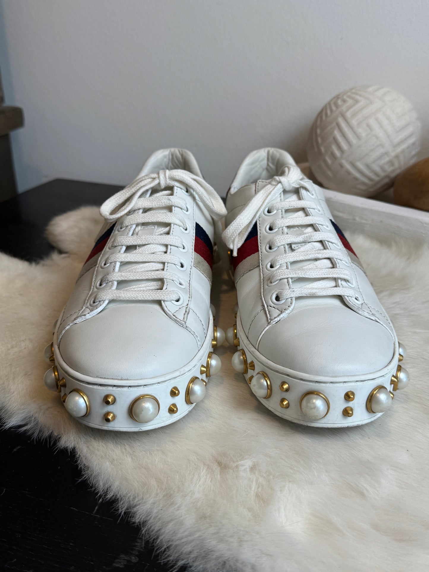 GUCCI Ace Pearl Platform Sneakers Women's 38EU