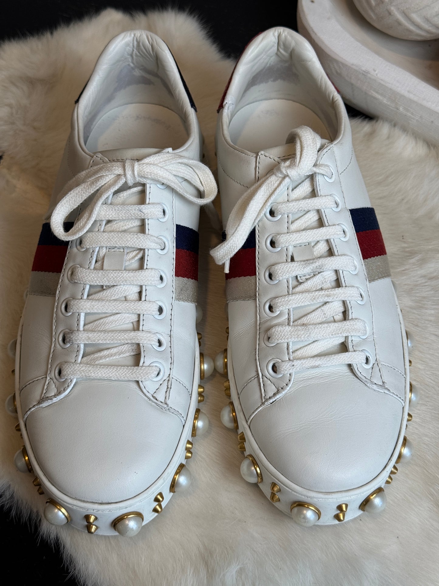 GUCCI Ace Pearl Platform Sneakers Women's 38EU