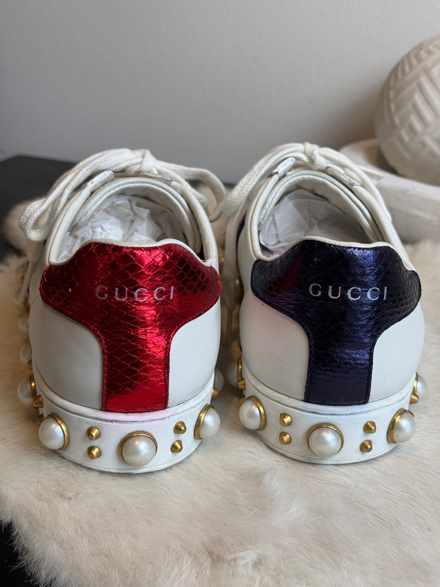 GUCCI Ace Pearl Platform Sneakers Women's 38EU