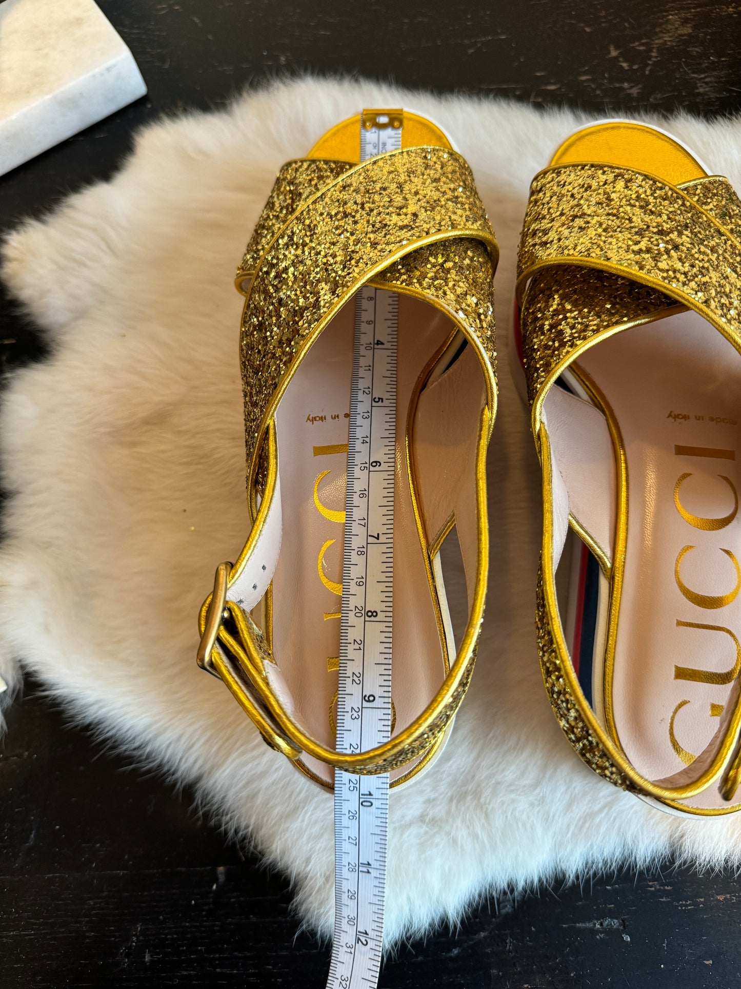 GUCCI Gold Glitter Platforms Sandals Womens 37.5/38.5EU