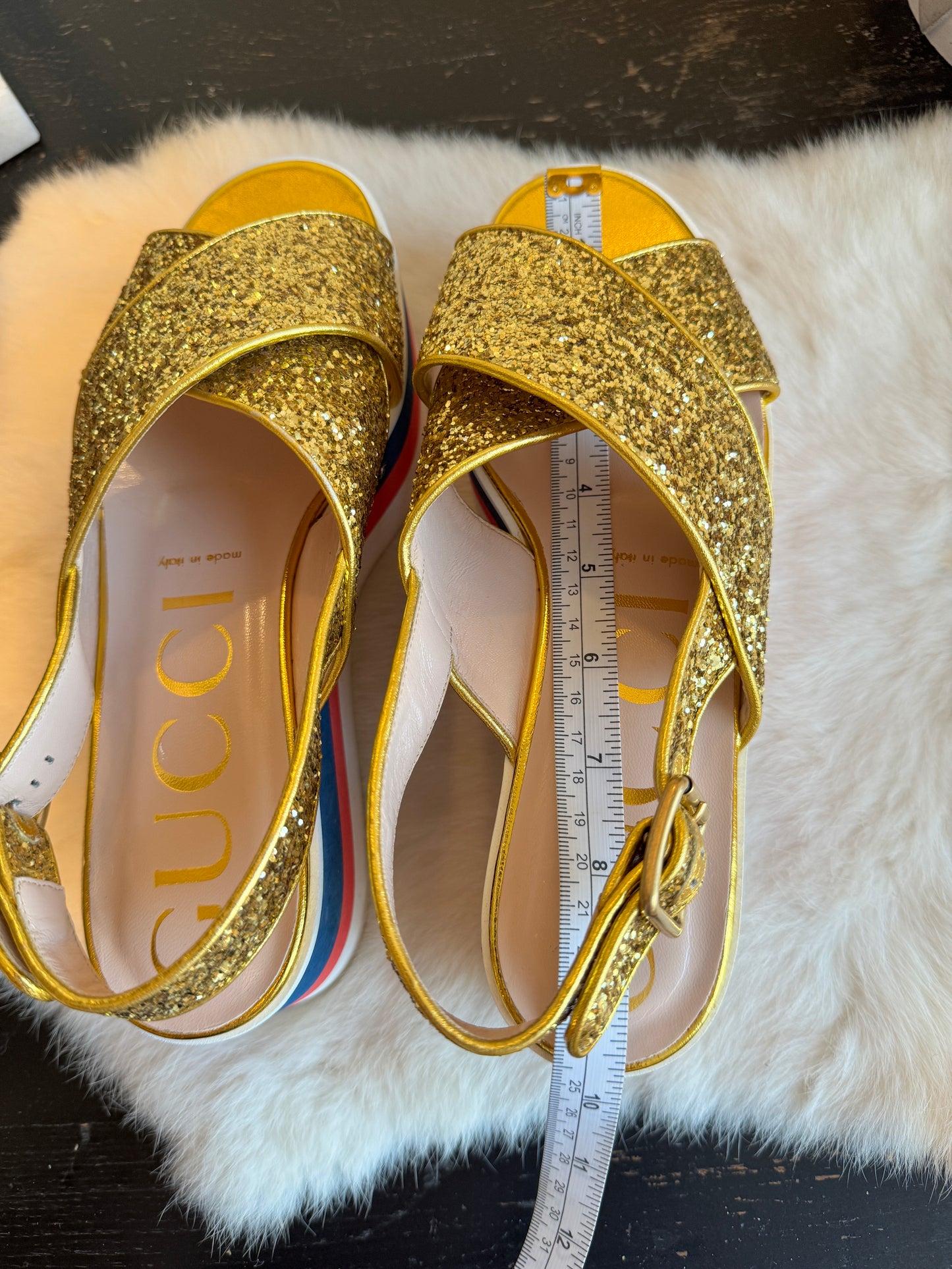 GUCCI Gold Glitter Platforms Sandals Womens 37.5/38.5EU