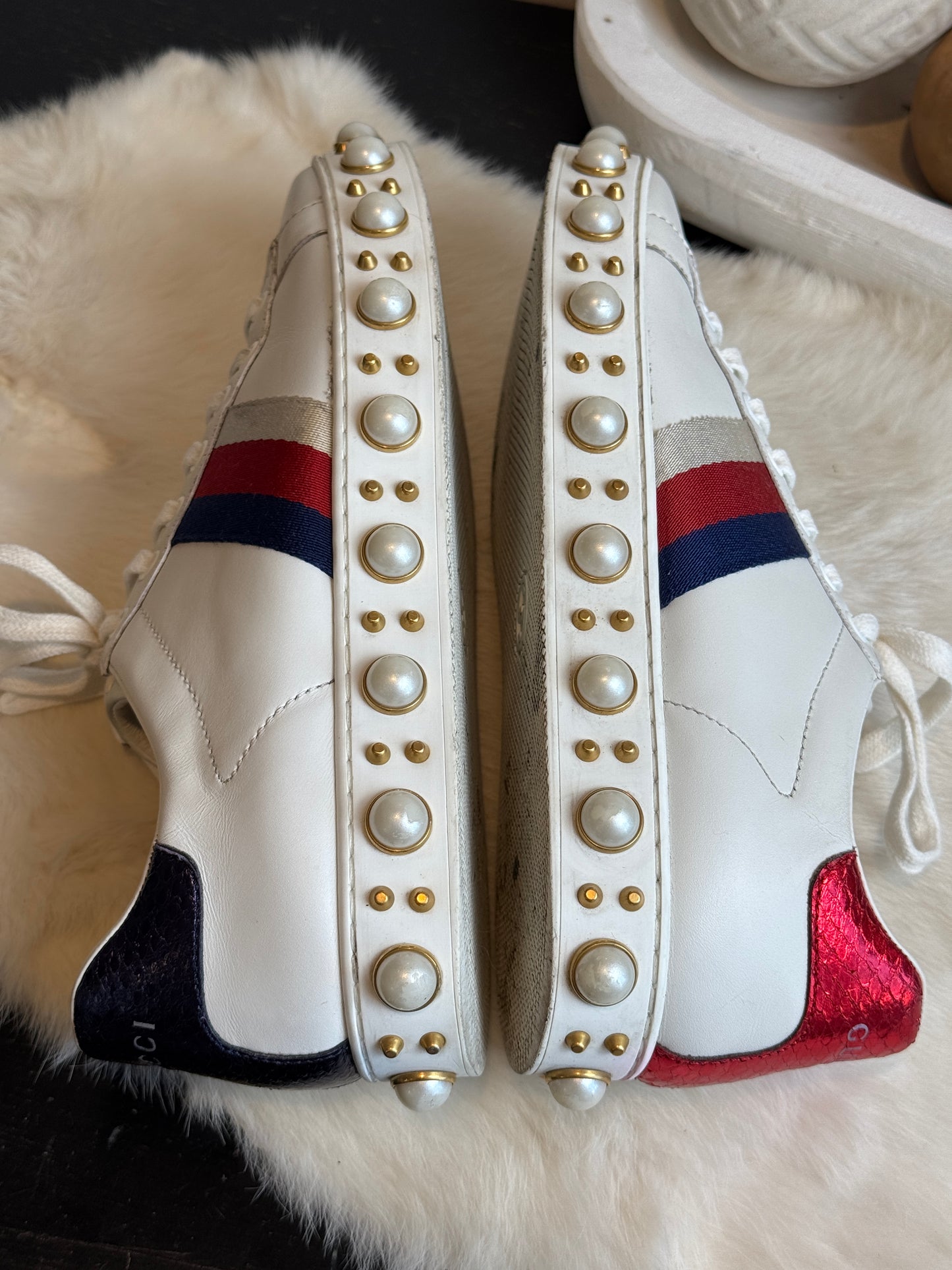 GUCCI Ace Pearl Platform Sneakers Women's 38EU