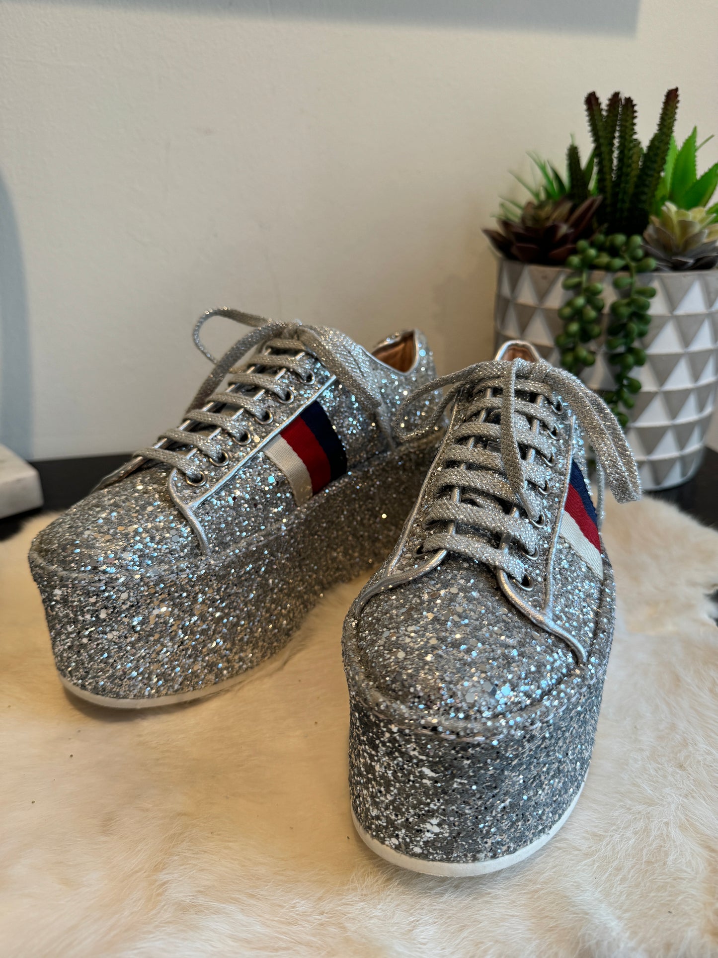 GUCCI Ace Silver Glitter Platforms Sneakers Womens 35/36EU