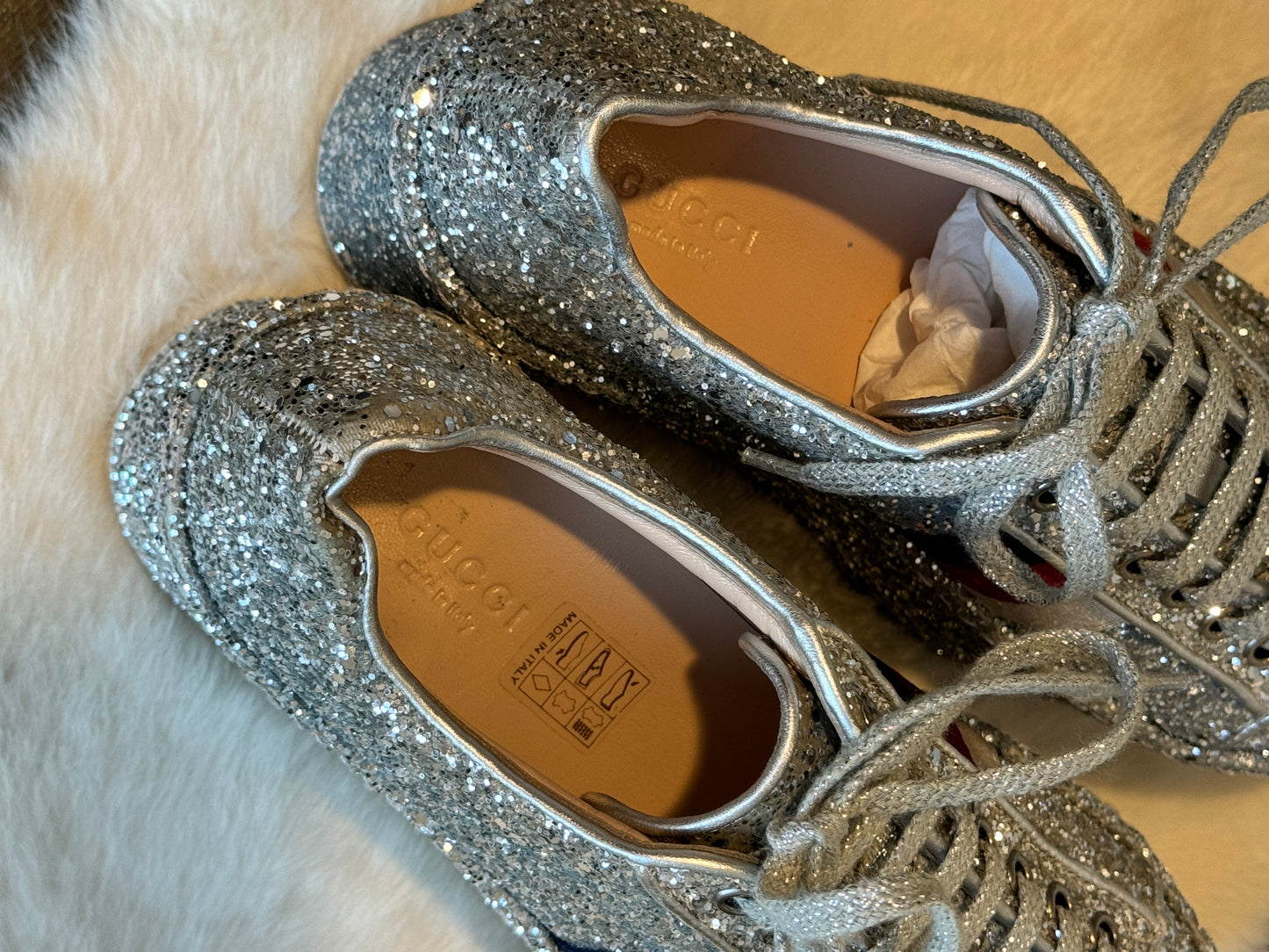 GUCCI Ace Silver Glitter Platforms Sneakers Womens 35/36EU