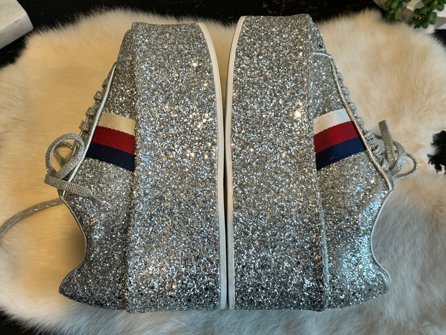 GUCCI Ace Silver Glitter Platforms Sneakers Womens 35/36EU