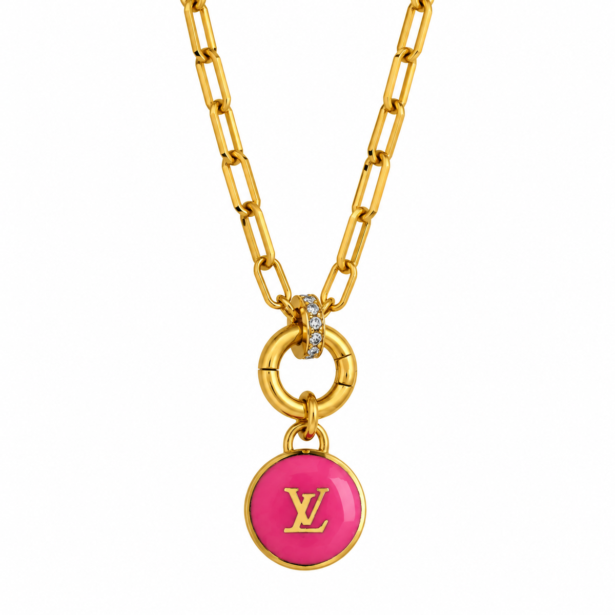 Reworked Louis Vuitton Gold Pastilles Pastilles Pink LV Logo Charm Necklace