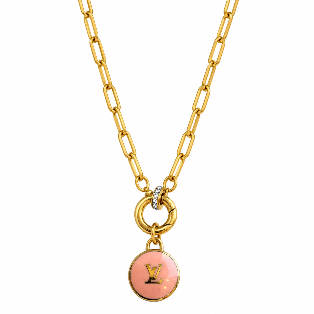 Reworked Louis Vuitton Gold Pastilles Pink LV Logo Charm Necklace