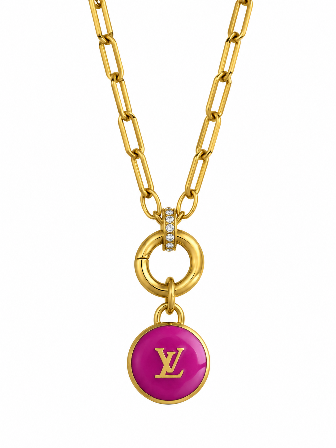 Reworked Louis Vuitton Gold Pastilles Fuchsia LV Logo Charm Necklace