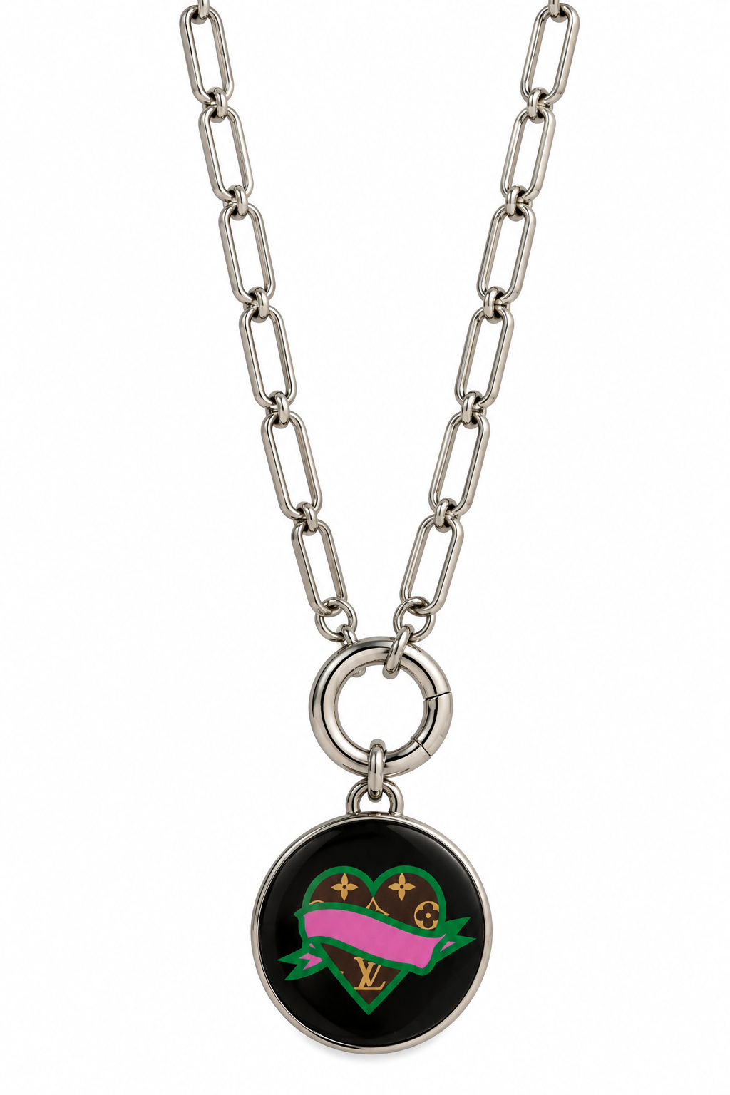 Reworked Louis Vuitton Porte-Clé LV Stories Pink Heart & Ribbon Charm Necklace