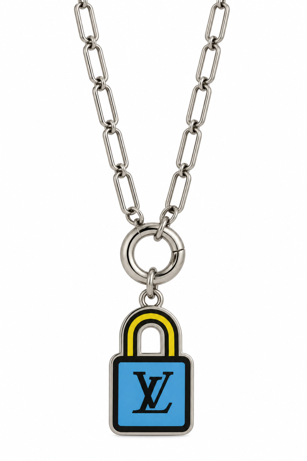 Reworked Louis Vuitton Porte-Clé LV Stories Blue & Yellow Padlock Charm Necklace