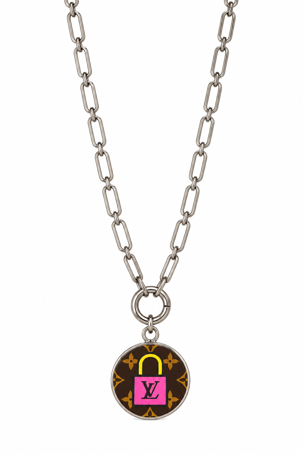 Reworked Louis Vuitton Porte-Clé LV Stories Yellow & Pink Padlock Charm Necklace