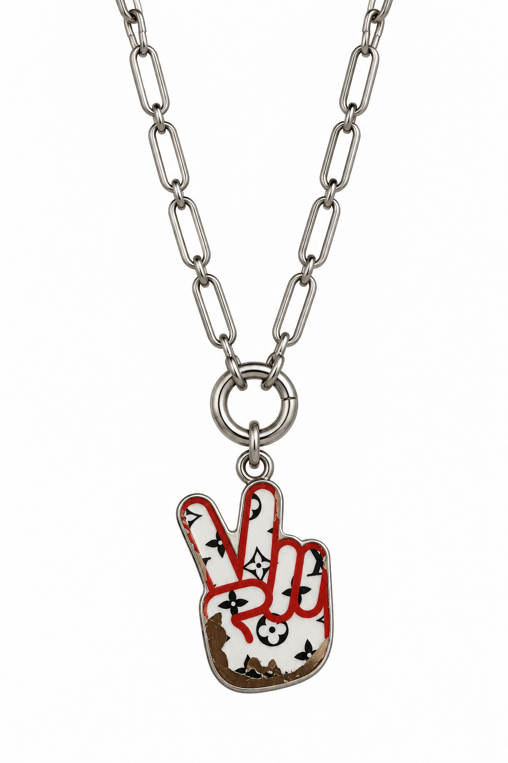 Reworked Louis Vuitton Porte-Clé LV Stories Peace Sign Charm Necklace