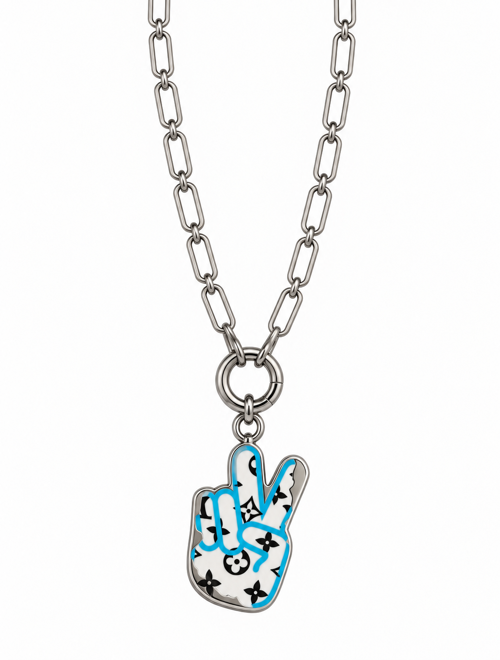 Reworked Louis Vuitton Porte-Clé LV Stories Peace Sign Charm Necklace