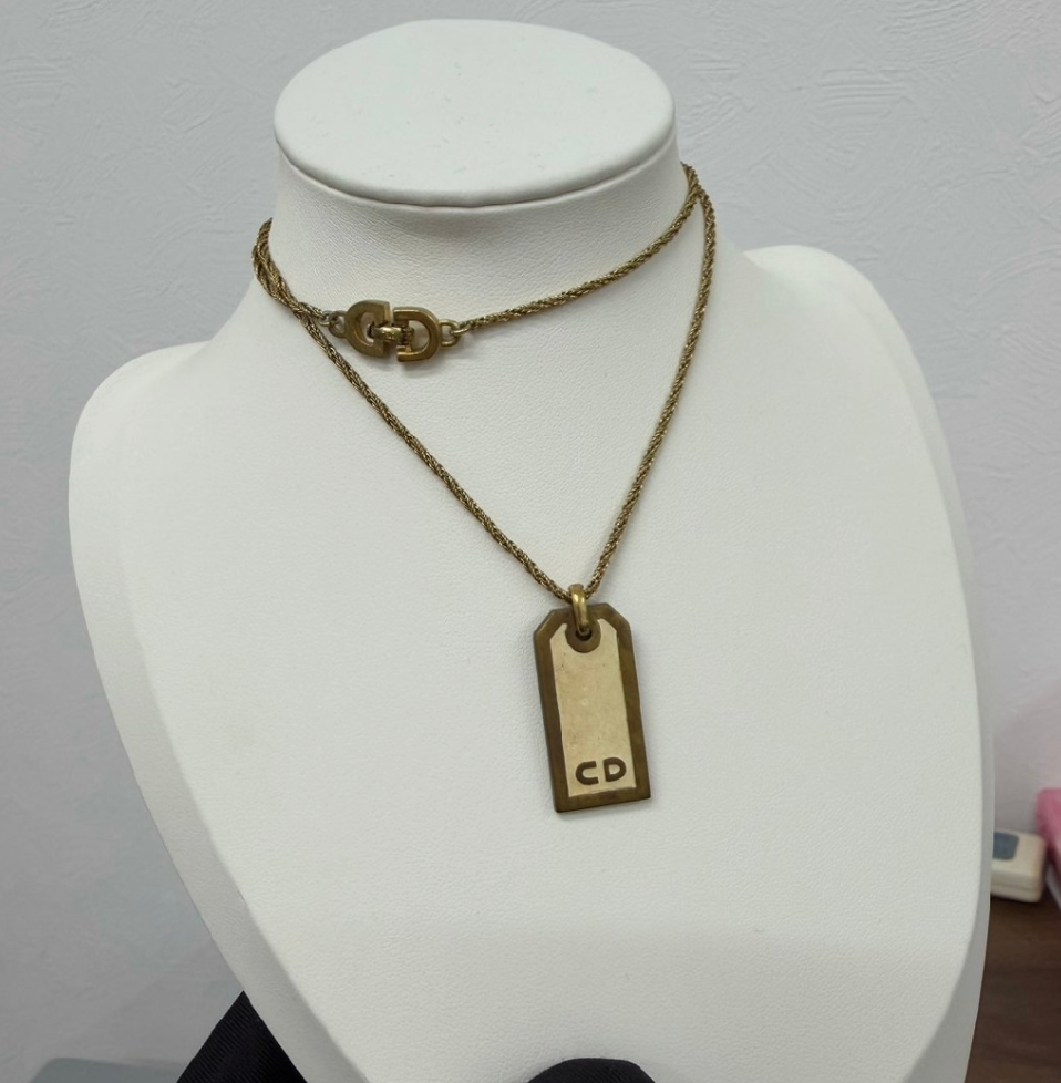 Christian Dior Gold-Tone Dog Tag Necklace Vintage Jewelry
