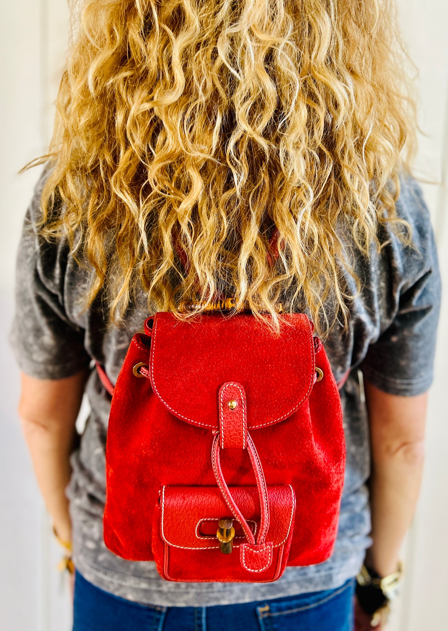 GUCCI Bamboo Suede Mini Backpack Red