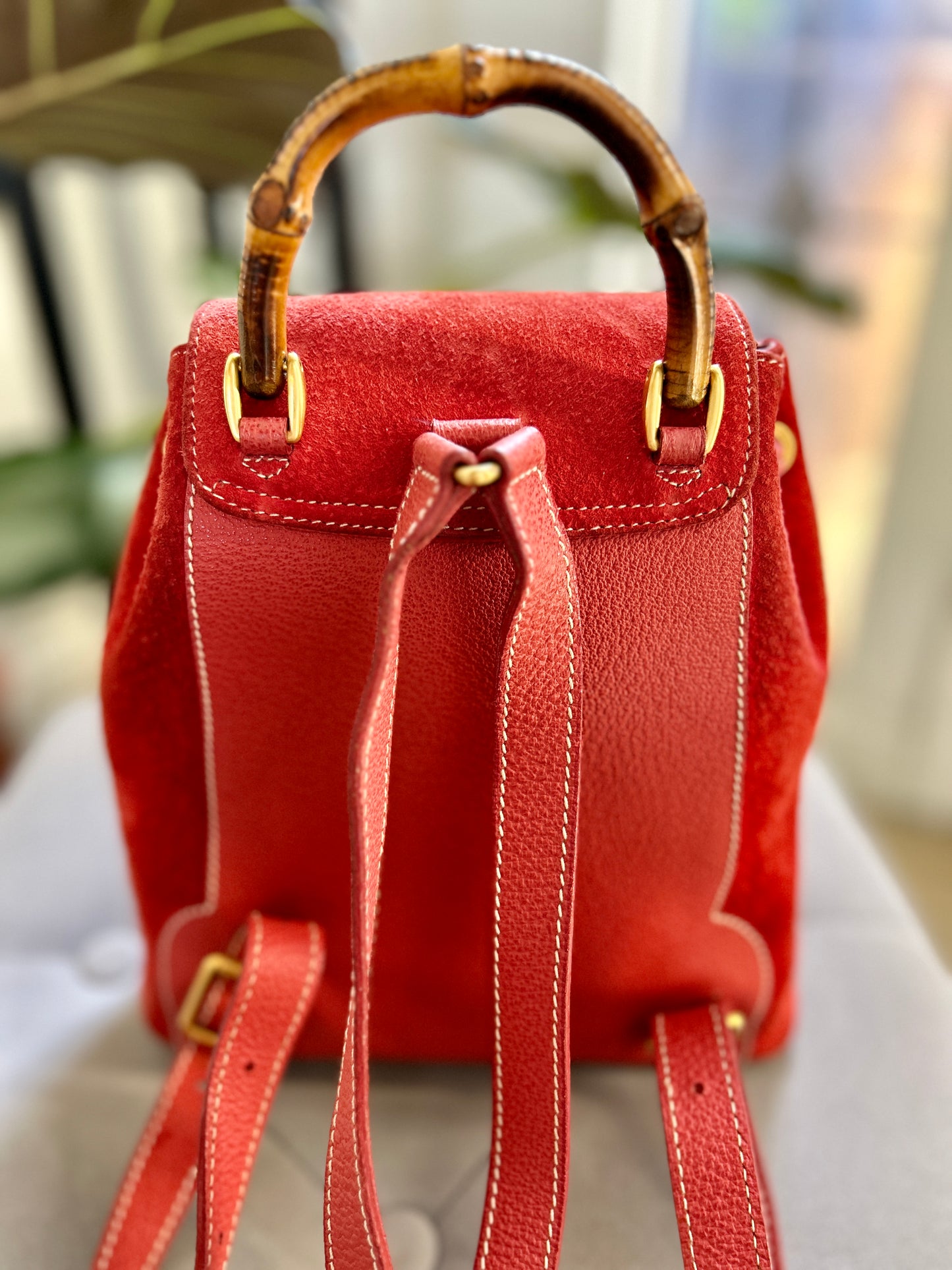 GUCCI Bamboo Suede Mini Backpack Red